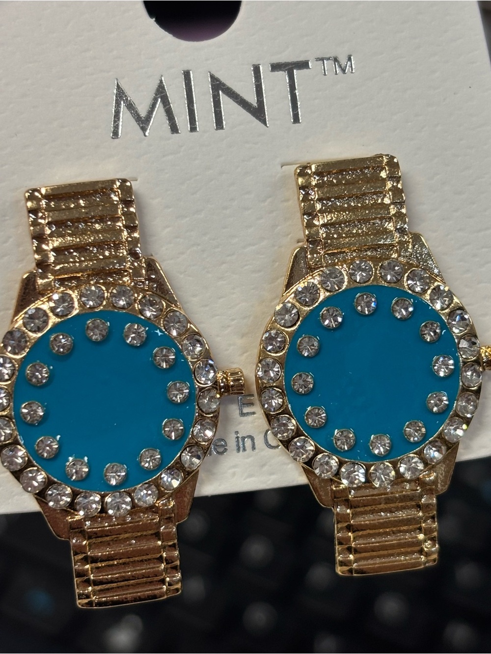 MINT Gold-Tone Crystal Watch Face Earrings in Teal
